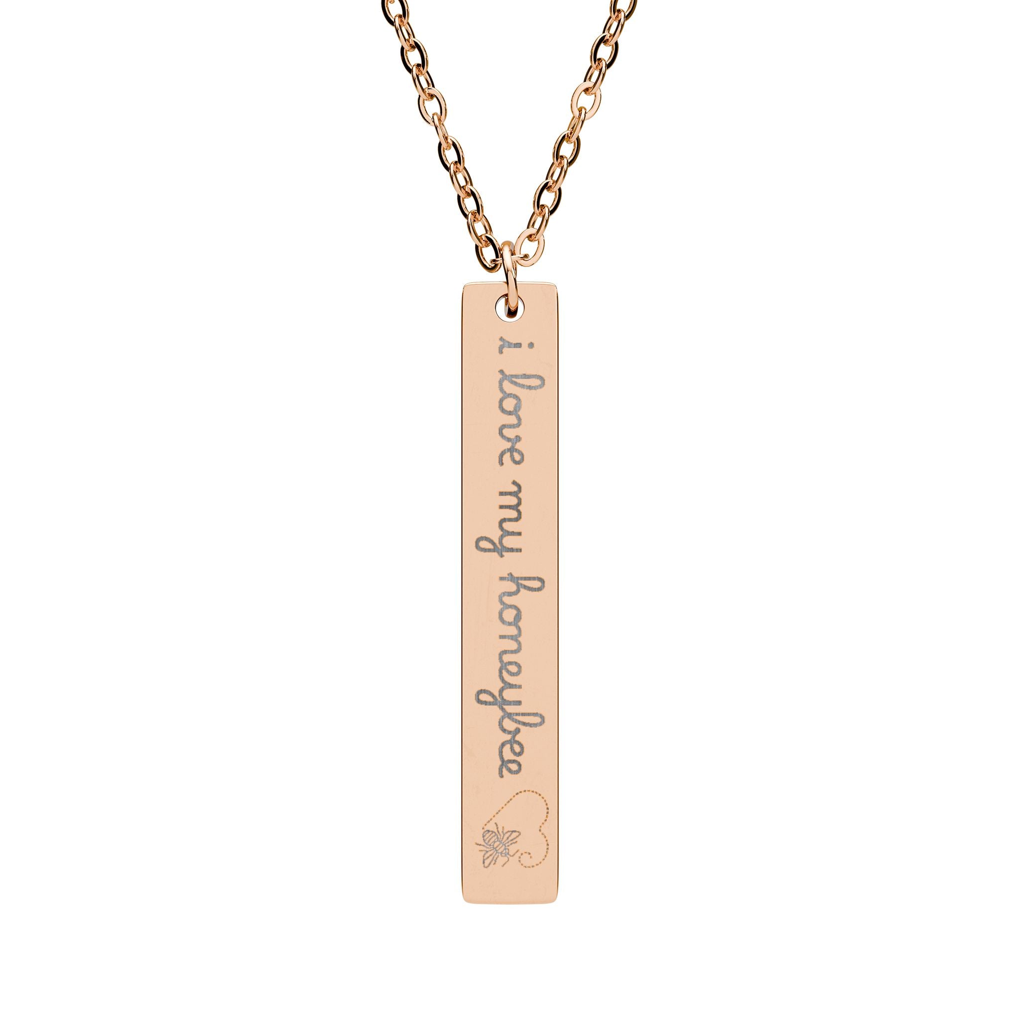 Engraved Vertical Bar Necklace — Personalized Love Script Pendant (Sterling/Rose Gold)