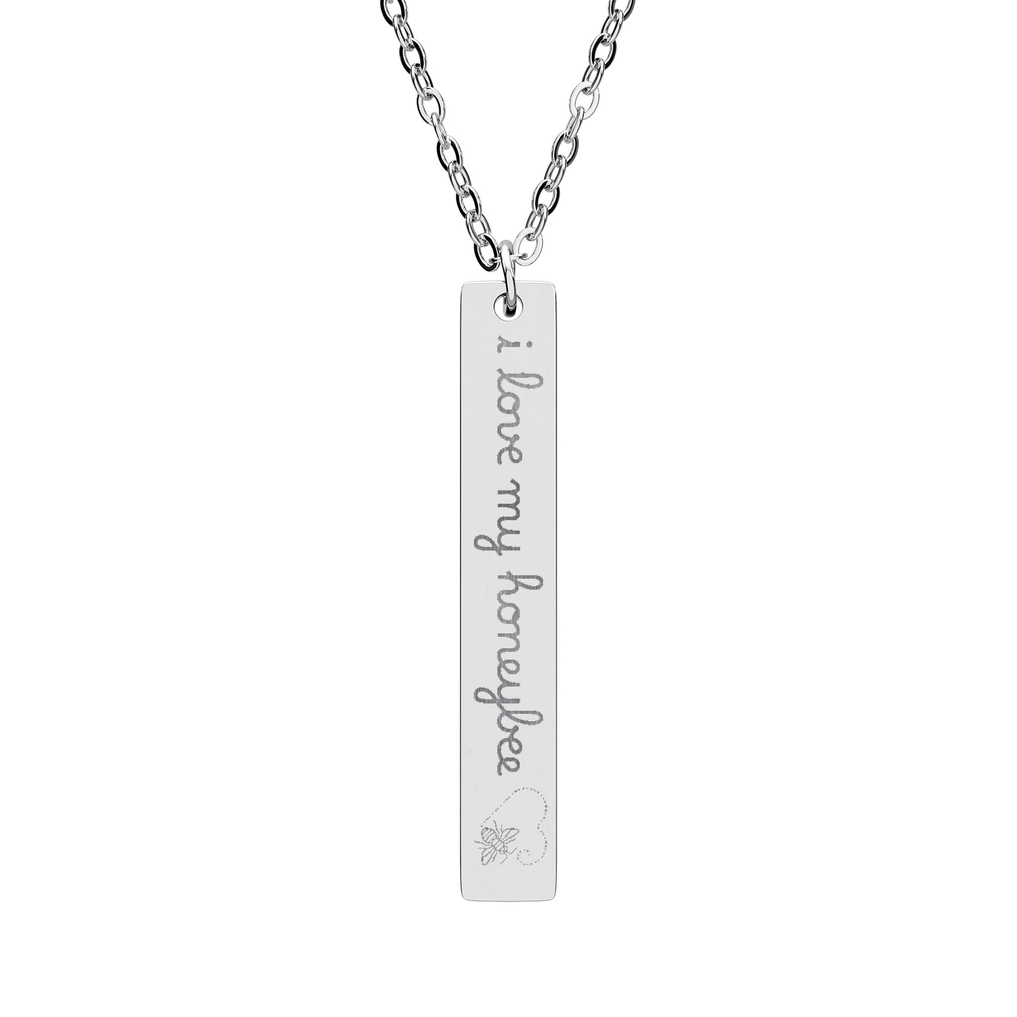 Engraved Vertical Bar Necklace — Personalized Love Script Pendant (Sterling/Rose Gold)