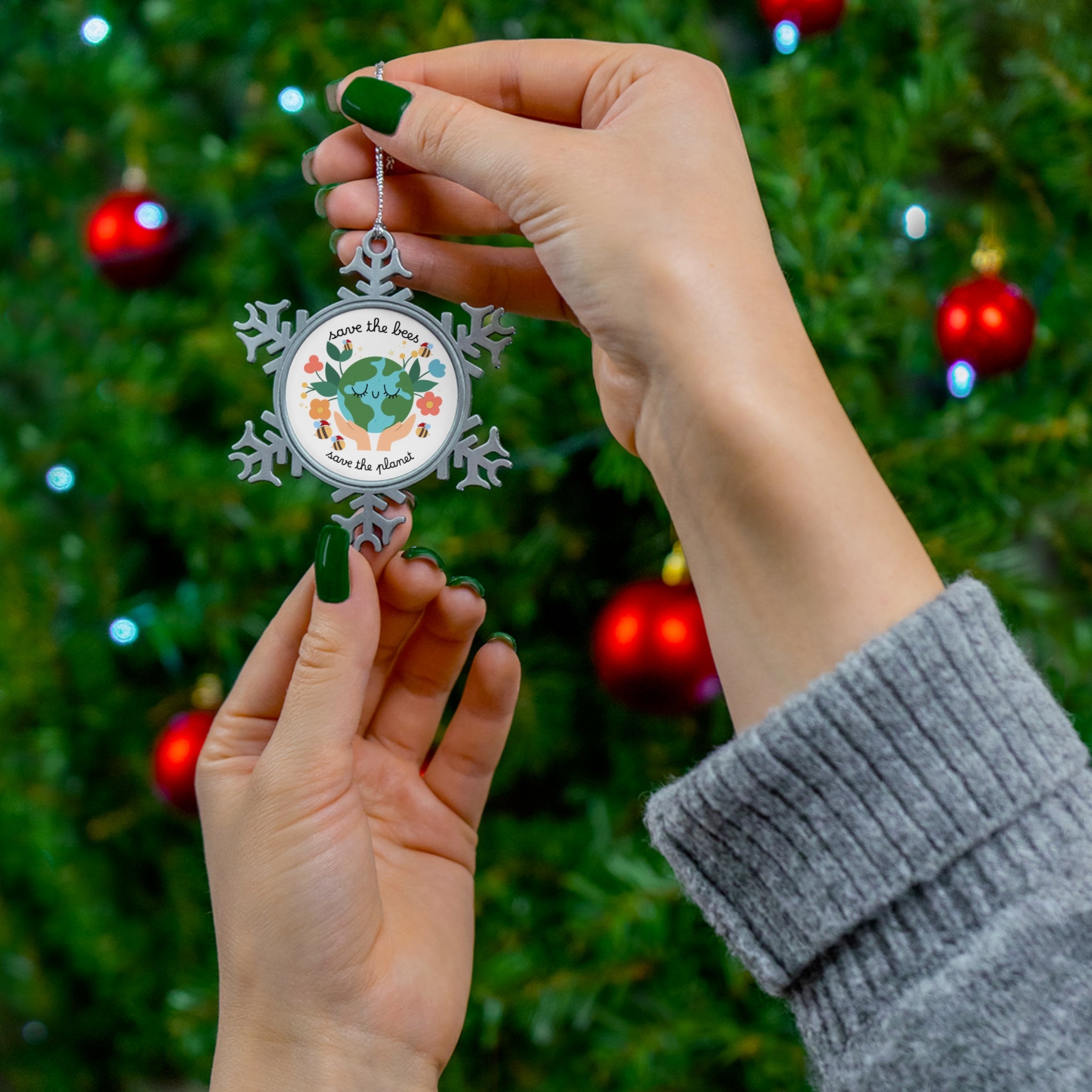 Pewter Snowflake Ornament — “Save the Bees, Save the Planet” Eco Holiday Decoration